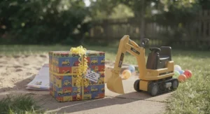 Wrapped birthday present box next to a bright yellow ride-on excavator toy