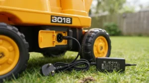 Mains charger plugged into the rechargeable battery port of a child's ride-on excavator toy.