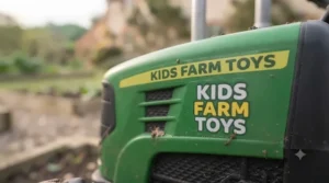 A young child in wellington boots happily driving the ride-on tractor across a grassy garden.