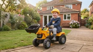 A happy toddler wearing a construction hard hat while safely steering their JCB ride-on tractor in the driveway.