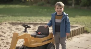 Four-year-old child showing the scale of a standard ride-on excavator toy outdoors