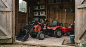 Side profile of the multi-function ride-on tractor showcasing its compact design for easy shed storage.