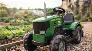 Close-up of the detachable trailer, filled with small toy vegetables and gardening tools.