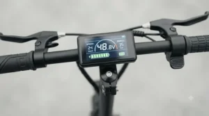 Close-up of an electric scooter digital dashboard showing battery and speed.