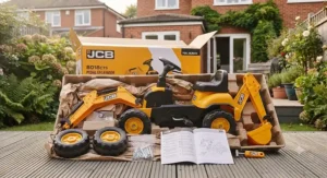 Rechargeable battery compartment and foot controls on an electric JCB ride-on digger