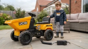 A motorised electric JCB ride-on dumper parked on a patio, ready for charging ahead of outdoor playtime.