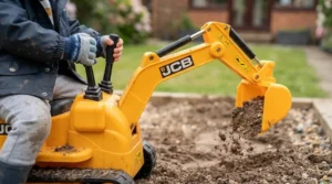 Close-up of working levers and functional scoop on an electric ride-on digger toy for kids.