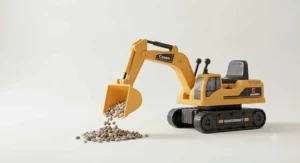 Studio shot of a motorized ride-on excavator toy with working front bucket