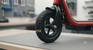 Close-up showing the charging port and battery indicator on a seated kids' scooter.