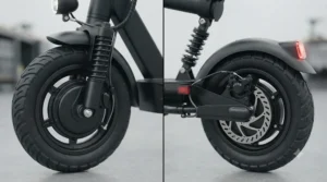 Rear disc brakes and LED safety lights on a 48v electric scooter.