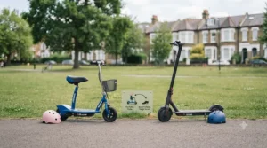 Two scooters parked on a park path next to a grass area, with an illustrative sign indicating that seated scooters are best for flat paths and standing models require careful handling on uneven terrain.