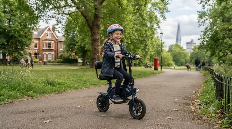 Child riding an electric scooter with a seat in a park. electric scooter with seat for 5-8 year old