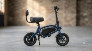 Side profile view of a foldable electric scooter with an adjustable seat.