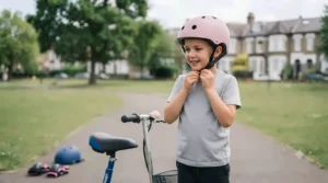 A young child wearing a properly fitted pink helmet and smiling, demonstrating essential safety preparation before riding their electric scooter in the park.