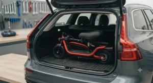 Easy-fold handlebar stem on a compact electric scooter for kids.
