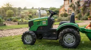 Front view of the large ride-on tractor, highlighting the grille, bonnet, and working headlights.