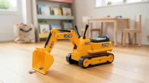 Compact ride-on digger toy suitable for both indoor playroom floors and outdoor patio use.