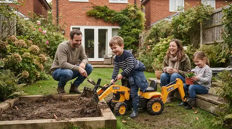 Child playing outdoors with an official JCB ride-on digger in a British garden jcb ride on digger