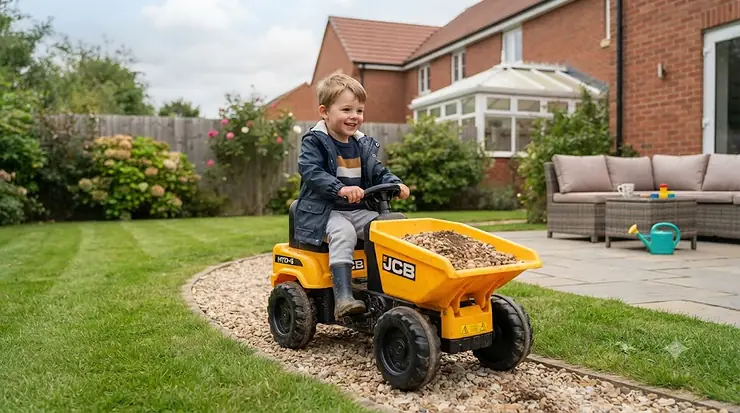 A child operating a JCB ride-on dumper on a British garden lawn, showcasing a realistic pedal and electric toy construction vehicle. jcb ride on dumper