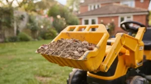 Working front loader bucket on a JCB ride-on tractor scooping up loose earth and autumn leaves outdoors.