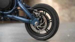 Detailed view of the rear safety brake system on the electric scooter.
