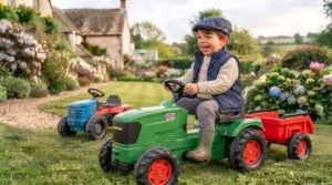 Happy child wearing a flat cap playing on a ride-on tractor outdoors.