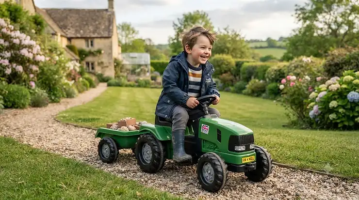 Child driving a green pedal-powered farm tractor in a garden. kids farm tractor ride on