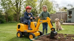 Two children of different ages playing together with a robust outdoor electric ride-on digger in a garden.