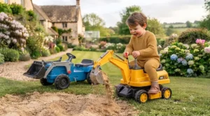 Child operating a 360-degree rotating ride-on farm excavator.