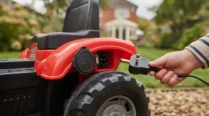 Close-up of the charging port with a UK mains plug held nearby on a 12V electric tractor.