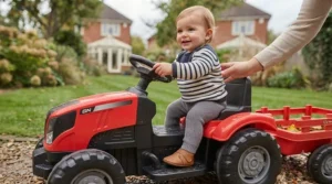 A toddler sitting comfortably on the red 12V kids' ride-on tractor, demonstrating its size.