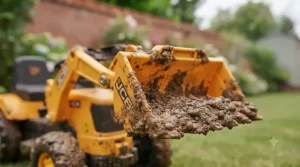 Front view of a ride-on tractor featuring a large, functional digger bucket for scooping dirt.