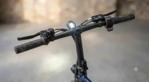 Close-up of the scooter handlebars showing the throttle and brake controls.