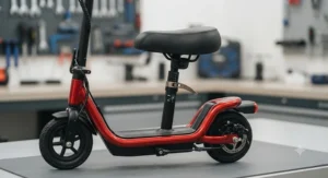 A folded seated electric scooter easily stored in the boot of a family car.
