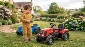 Electric ride-on tractor featuring a parent remote control.