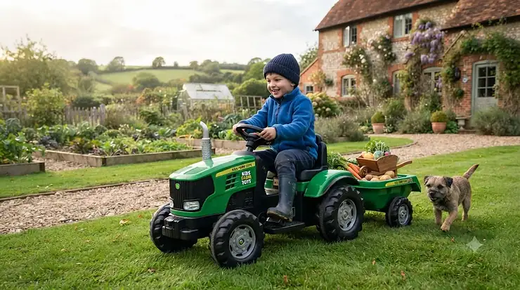 A child drives a large green electric ride-on tractor with a detachable trailer across a garden lawn. large ride on tractor with trailer
