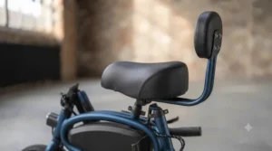 Close-up of the ergonomic, padded seat designed for 5-8 year olds.