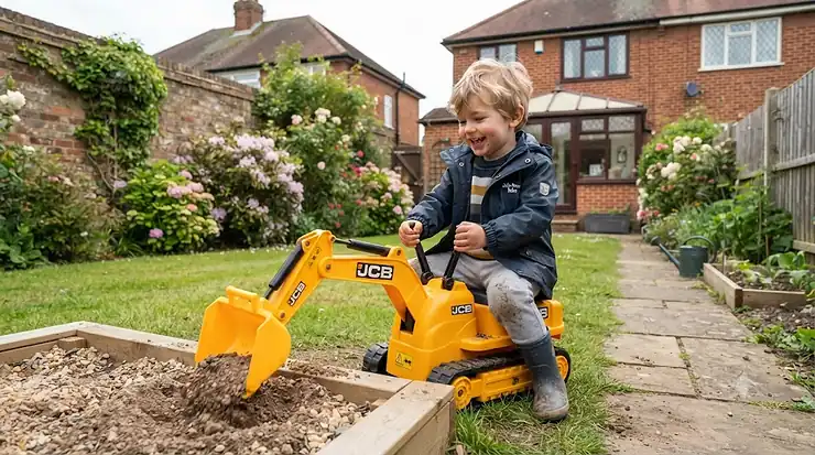 A smiling toddler operating a yellow ride-on digger toy in a British garden, ideal for outdoor play. ride on digger toy