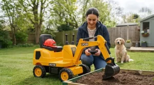 Parent holding a remote control alongside a child's electric ride-on JCB digger for safe supervision.