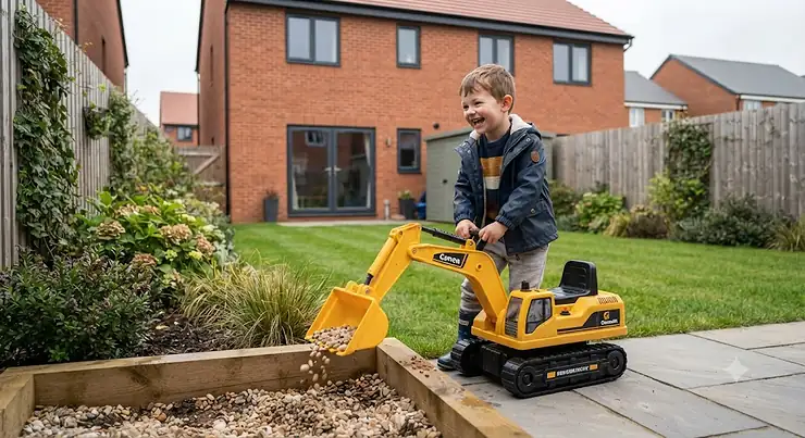Child happily playing with a yellow ride-on excavator toy in a British garden ride on excavator toy