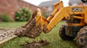 A ride-on tractor with a digger parked in a sandpit, showing the toy in a play environment.