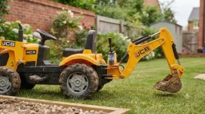 Side profile view of a ride-on tractor showing the adjustable digger arm and rear wheels.