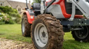 Deep-tread, agricultural-grade tyres fitted to a ride-on tractor for superior grip on uneven terrain.