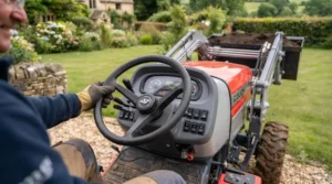 The ergonomic operator station and intuitive dashboard controls of a compact ride-on tractor.