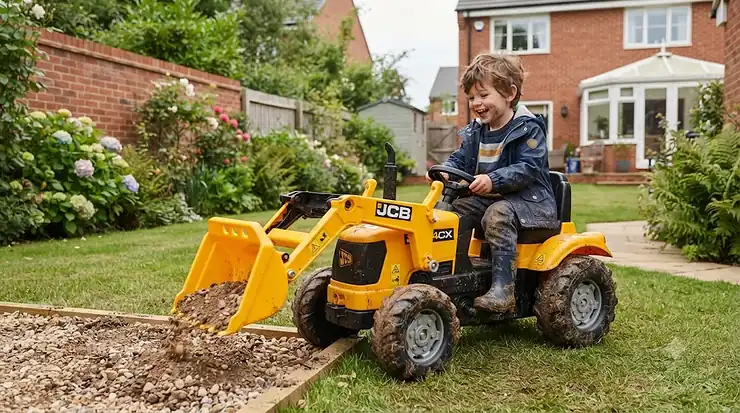 A child driving a yellow ride-on tractor with a working front digger bucket in a garden. ride on tractor with digger