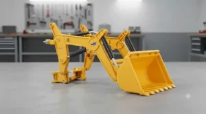 The toy trailer in a tipped position, showing its ability to unload cargo easily.
