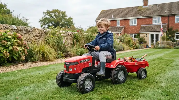 A child driving a bright red ride-on tractor with a detachable trailer in a grassy garden. ride on tractor with trailer