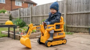 Sturdy ride-on digger toy designed for toddlers, highlighting safety guardrails and stable wheels.