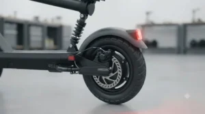 Robust pneumatic tyres on a 48v electric scooter designed for city paths.