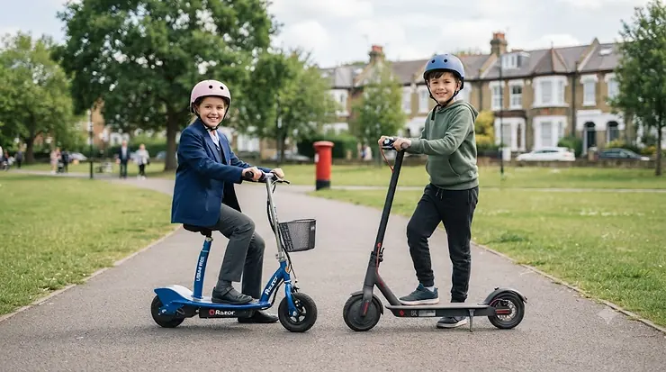 Two children in a British park comparing a seated and a standing electric scooter, illustrating the key differences between the two styles for young riders. seated vs standing electric scooter for kids